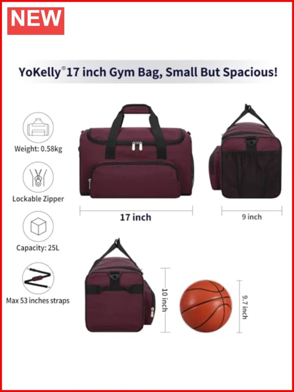25L Small Gym Sport Duffel Bag 17 inch Weekender Overnight Travel Workout